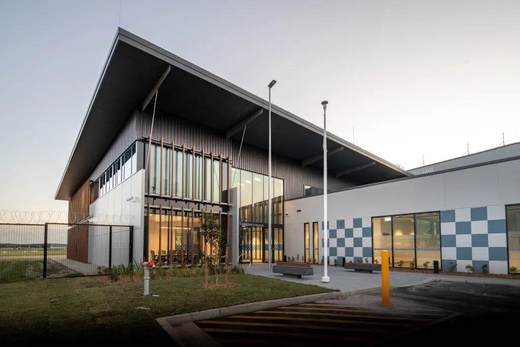 1 Main office Entrance at Dusk PolAir Facility Bankstown Taylor Construction Refurbishment and Live Environments